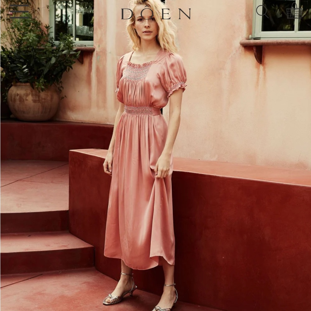 ✨🌸🍧DÔEN ‘Castalia’ Silk Embroidered Smocked Maxi Dress Sunset Pink XS✨ - Picture 5 of 17